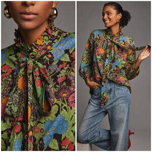 💕MILLE RESORT & TRAVEL ANTHROPOLOGIE💕 Blair Blouse ~ Tie Neck Green Motif XS